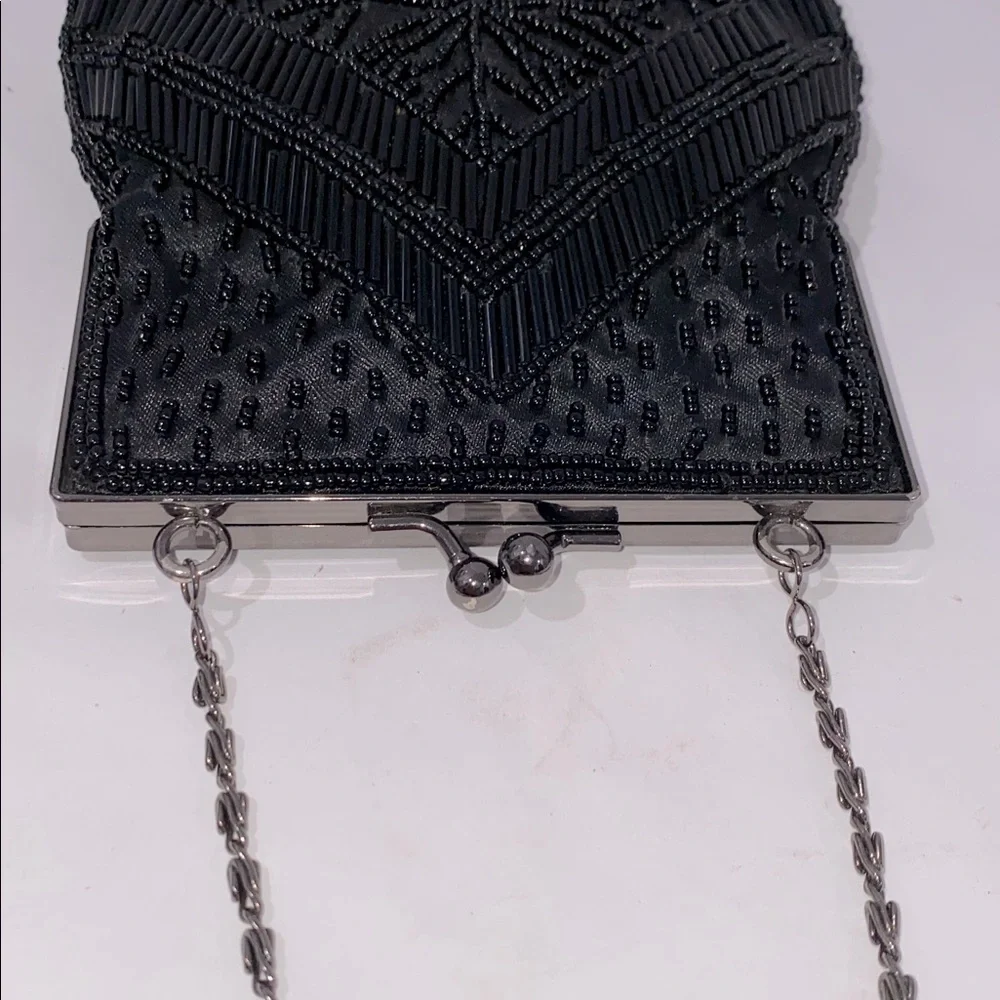 Gunne Sax Elegant Black Beaded Clutch With Chain Strap  And Kiss Closure